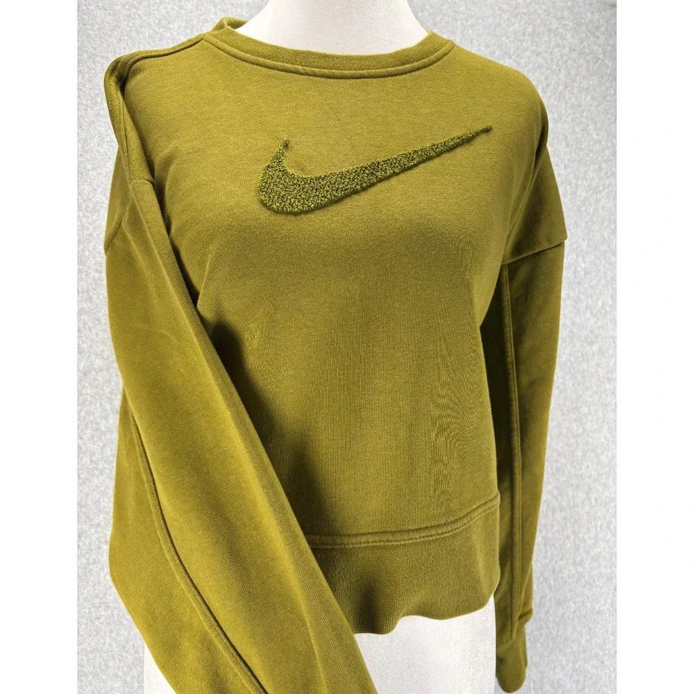 Nike Olive Green Cropped Sweatshirt Chenille‎ Swoosh Small Athleisure - Picture 4 of 11